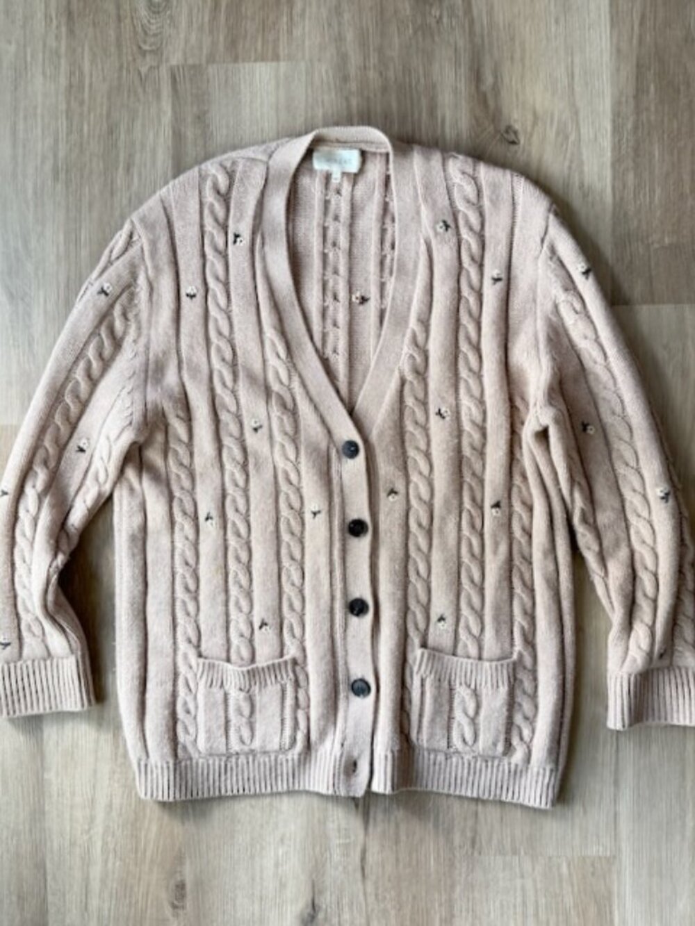 THE GREAT. Embroidered Cashmere Cable Cardigan